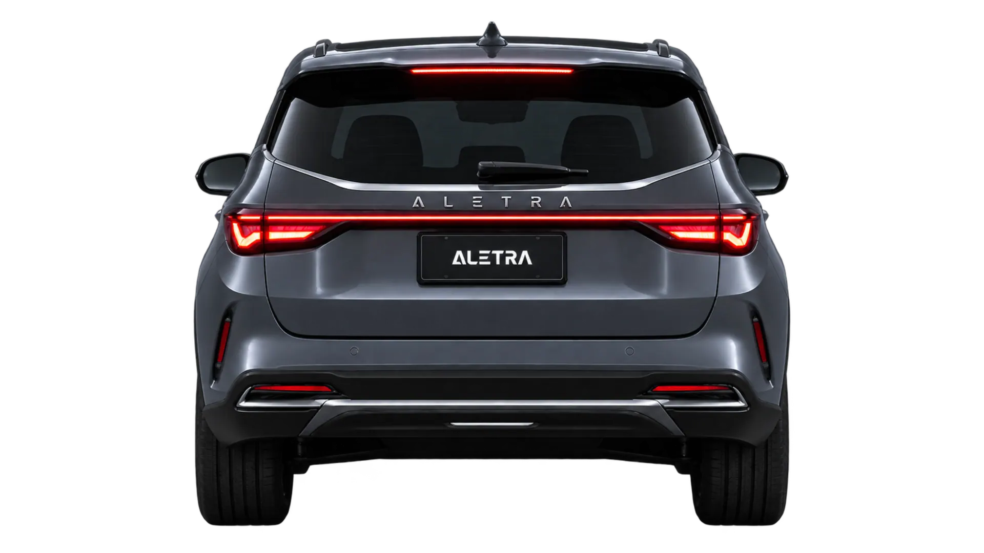Aletra L8 tampak belakang dengan lampu belakang menyala